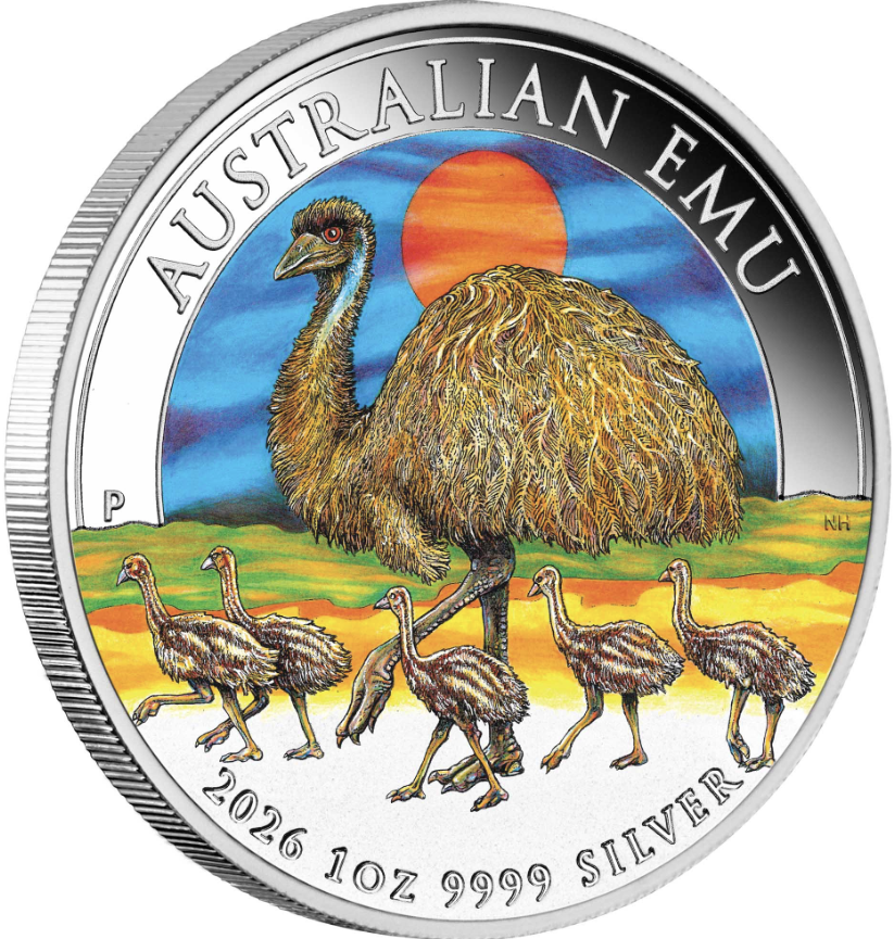 Silver coin featuring an emu and its chicks with a scenic background