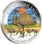 Silver coin featuring an emu and its chicks with a scenic background