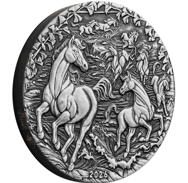 Australia 2026 $2 Lunar Series III Year of the Horse 2 oz .9999 Silver Antiqued Coin Perth Mint Reverse Angle