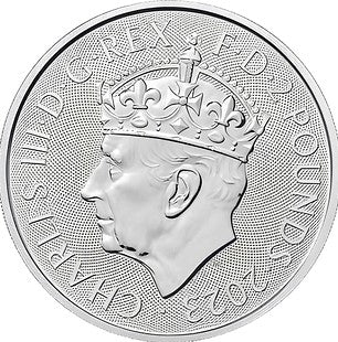 A circular silver coin featuring aan effigy of K.ng Charles III on the obverse. In the Legend on the Obverse are the words "CHARLES III D.G.REX FD 2 POUNDS 2023"