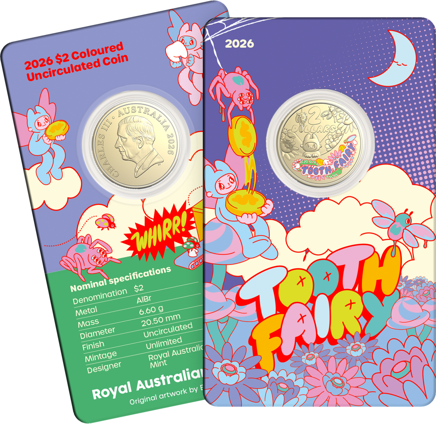 Colorful coin packaging featuring a coin and illustrations of the Tooth Fairy, with text and design elements.