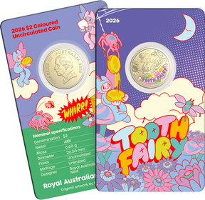 Colorful coin packaging featuring a coin and illustrations of the Tooth Fairy, with text and design elements.