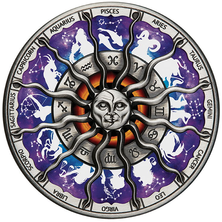 Tuvalu 2023 $5 Signs of the Zodiac 5oz  Silver High Relief Antiqued Coloured Coin Reverse