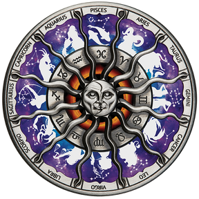 Tuvalu 2023 $5 Signs of the Zodiac 5oz  Silver High Relief Antiqued Coloured Coin Reverse