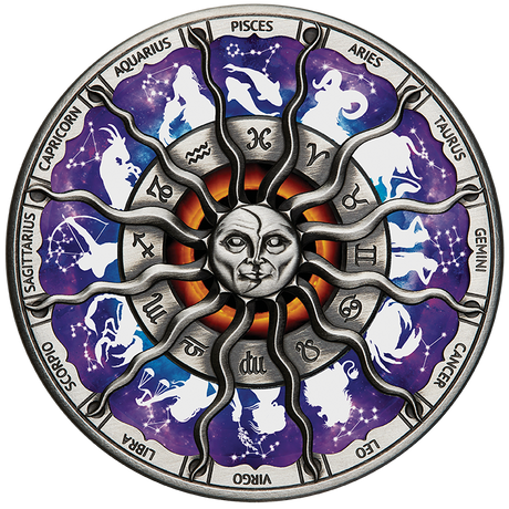 Tuvalu 2023 $5 Signs of the Zodiac 5oz  Silver High Relief Antiqued Coloured Coin Reverse