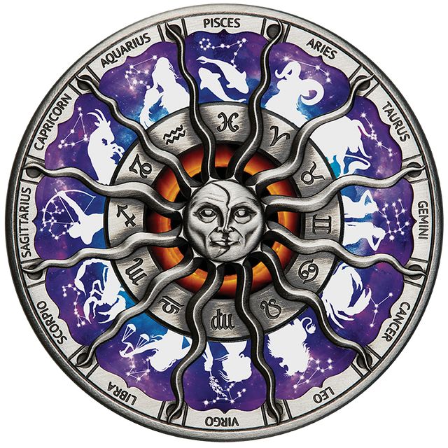 Tuvalu 2023 $5 Signs of the Zodiac 5oz  Silver High Relief Antiqued Coloured Coin Reverse