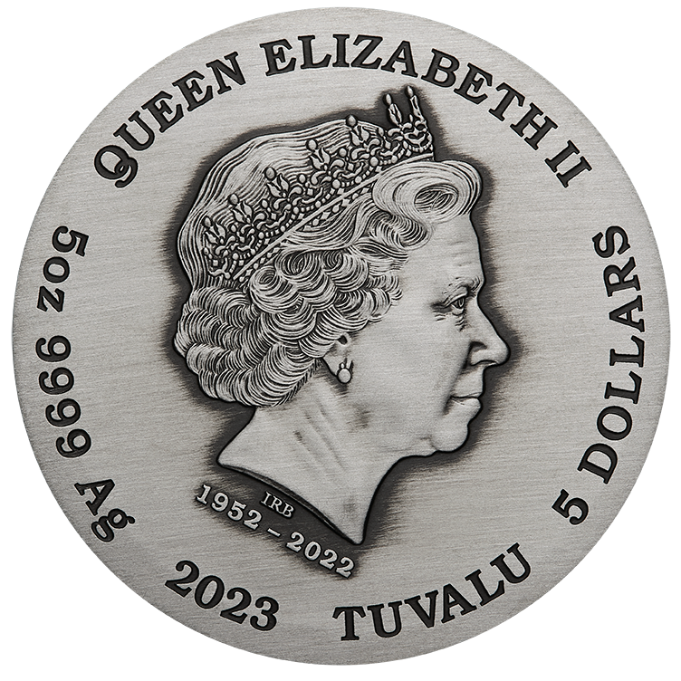 Tuvalu 2023 $5 Signs of the Zodiac 5oz  Silver High Relief Antiqued Coloured Coin Obverse