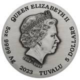 Tuvalu 2023 $5 Signs of the Zodiac 5oz  Silver High Relief Antiqued Coloured Coin Obverse