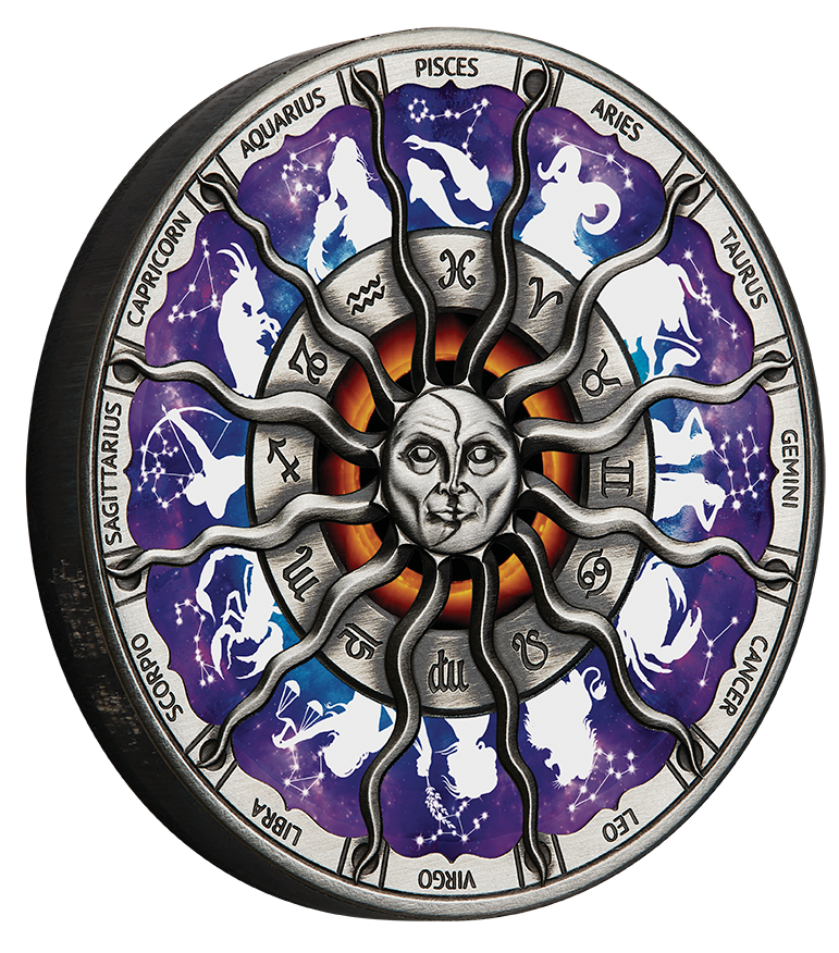 Tuvalu 2023 $5 Signs of the Zodiac 5oz  Silver High Relief Antiqued Coloured Coin Reverse and Rim