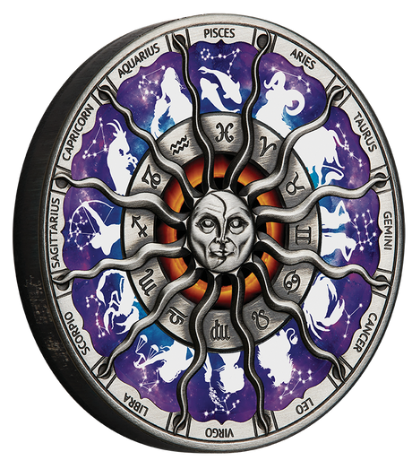 Tuvalu 2023 $5 Signs of the Zodiac 5oz  Silver High Relief Antiqued Coloured Coin Reverse and Rim