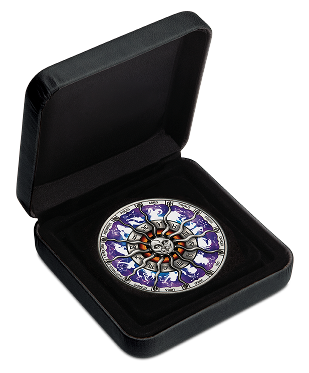 Tuvalu 2023 $5 Signs of the Zodiac 5oz  Silver High Relief Antiqued Coloured Coin Coin and Case