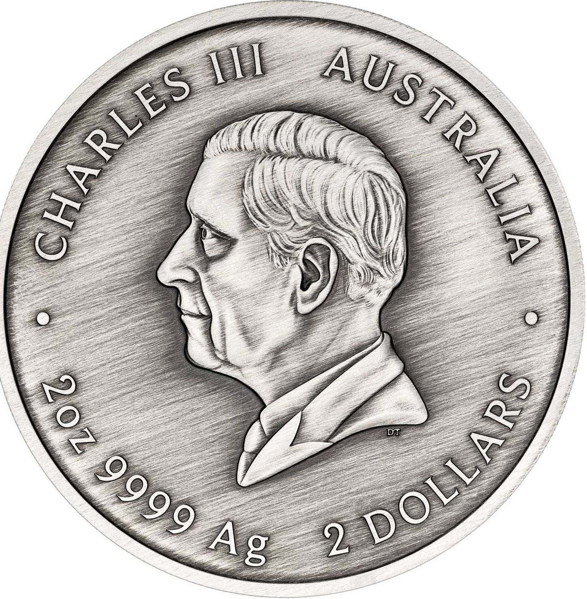 A circular silver coin featuring a profile portrait of Charles III, with the text 'CHARLES III AUSTRALIA' around the border and '2 OZ 9999 Ag 2 DOLLARS' at the bottom, shown on a plain white background.