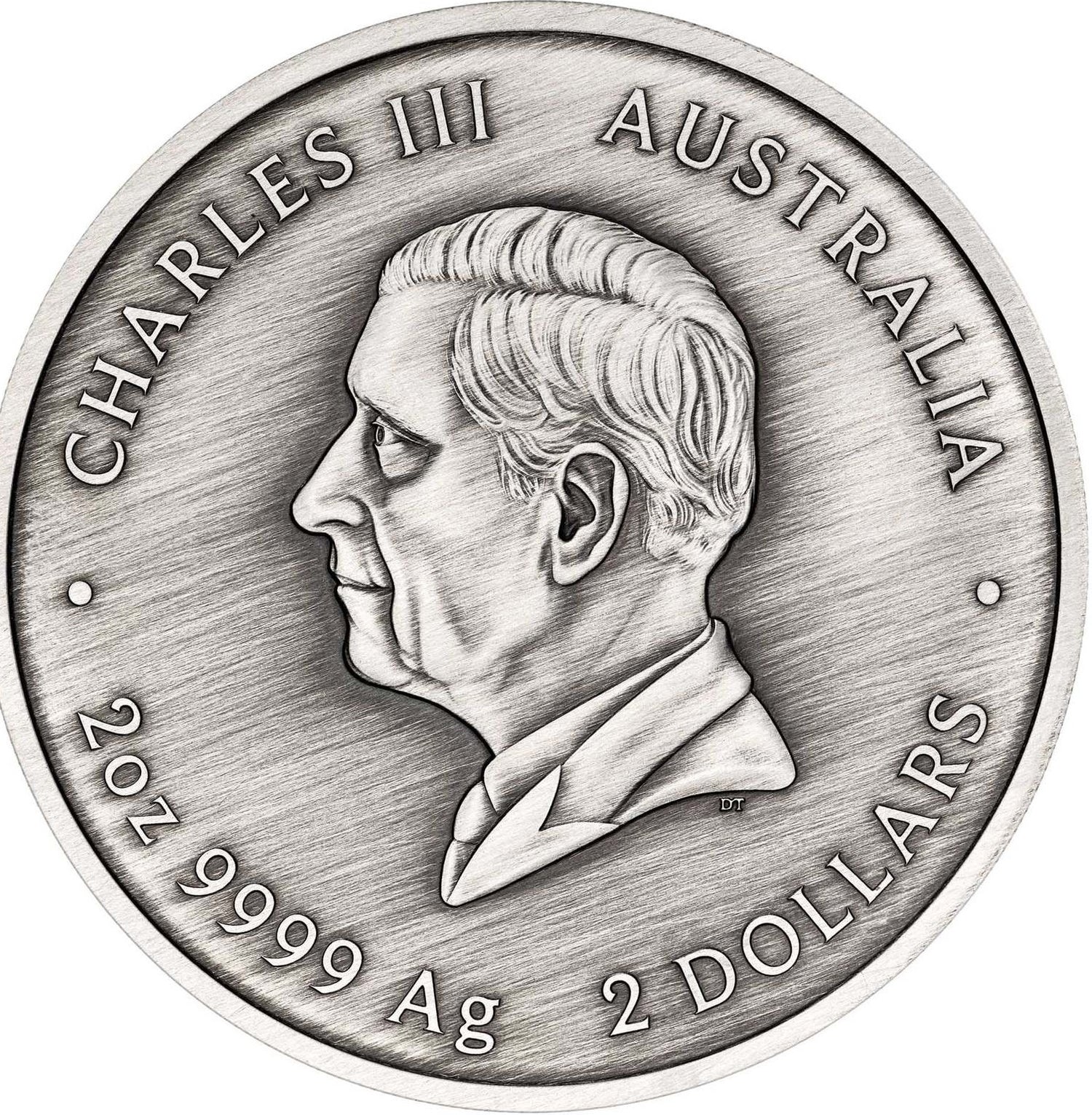A circular silver coin featuring a profile portrait of Charles III, with the text 'CHARLES III AUSTRALIA' around the border and '2 OZ 9999 Ag 2 DOLLARS' at the bottom, shown on a plain white background.