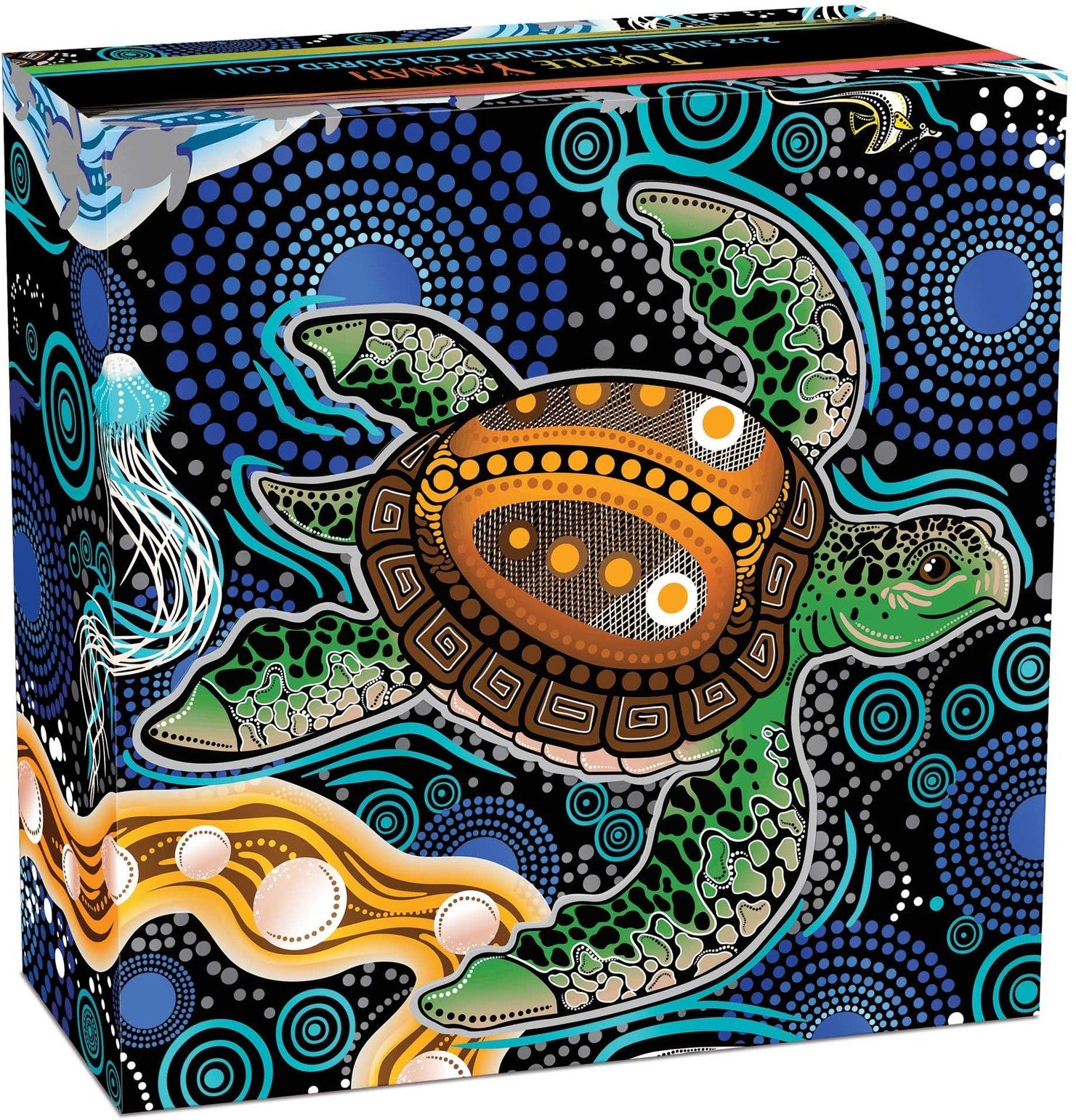 A square decorative box featuring a colorful Aboriginal-style illustration of a sea turtle surrounded by blue dots, green patterns, and orange accents on a black background.