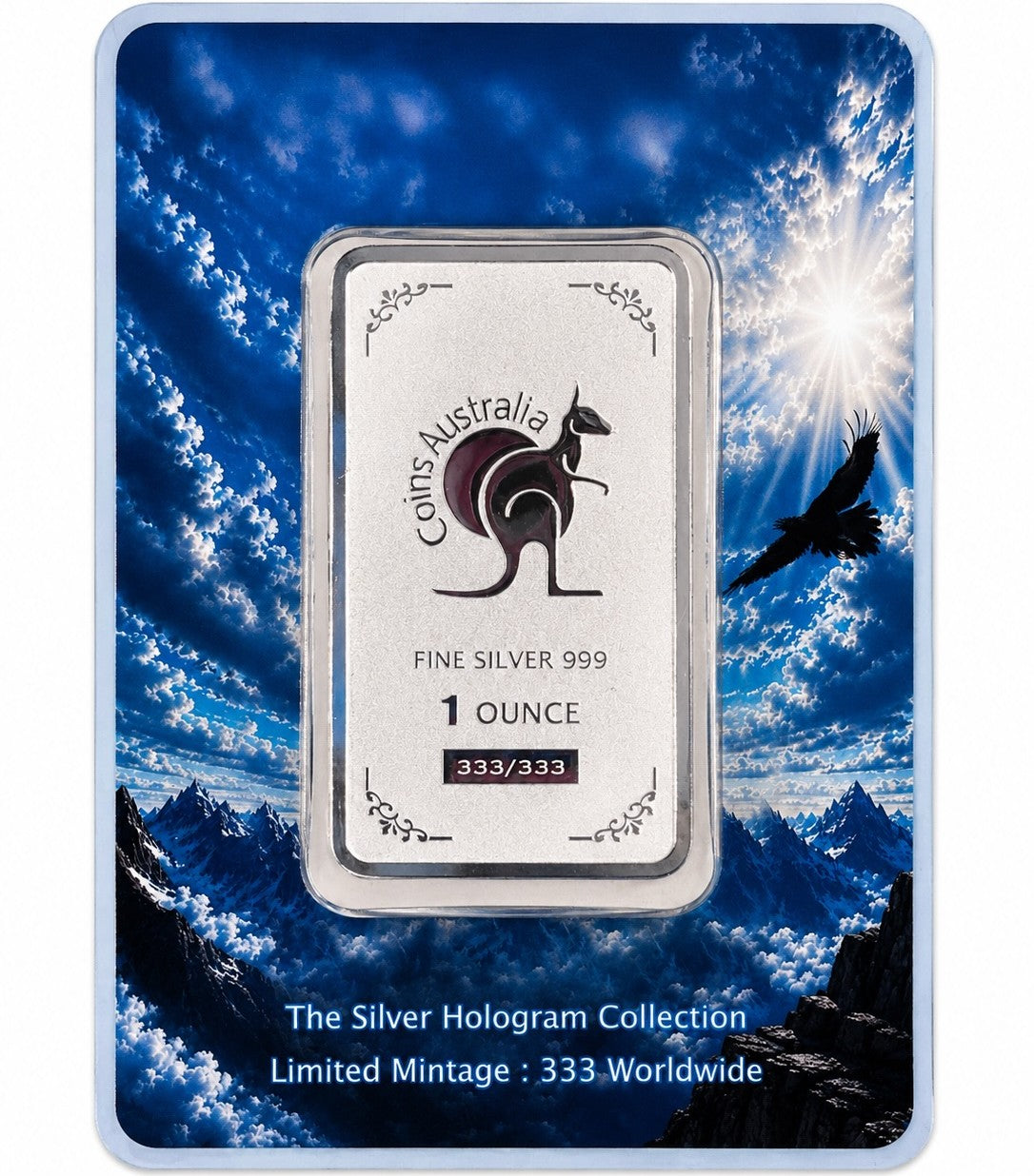 A 1-ounce silver bar from Coins Australia, part of 'The Silver Hologram Collection' limited to 333 worldwide mintage. The silver bar is displayed against a vibrant blue and white sky background with clouds, mountains, and a silhouette of a kangaroo and bird.