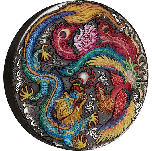 Tuvalu 2024 $5 Dragon and Phoenix 5oz .9999 Silver Antiqued Colour Coin Reverse Side view 2