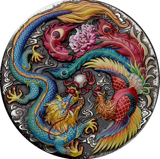 2024 $5 Dragon and Phoenix 5oz .9999 Silver Antiqued Coloured Coin Reverse