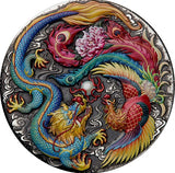 2024 $5 Dragon and Phoenix 5oz .9999 Silver Antiqued Coloured Coin Reverse