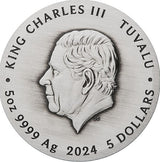 Tuvalu 2024 $5 Dragon and Phoenix 5oz .9999 Silver Antiqued Coin Obverse