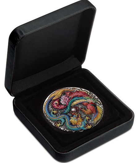Tuvalu 2024 $5 Dragon and Phoenix 5oz .9999 Silver Antiqued Coloured Case
