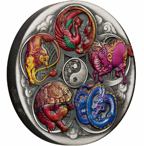 Tuvalu 2024 $5 Five Ancient Chinese Auspicious Creatures 5oz  .9999 Silver Antiqued Coloured Coin