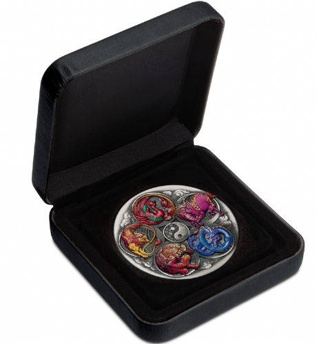 Tuvalu 2024 $5 Five Ancient Chinese Auspicious Creatures 5oz  .9999 Silver Antiqued Coloured Coin