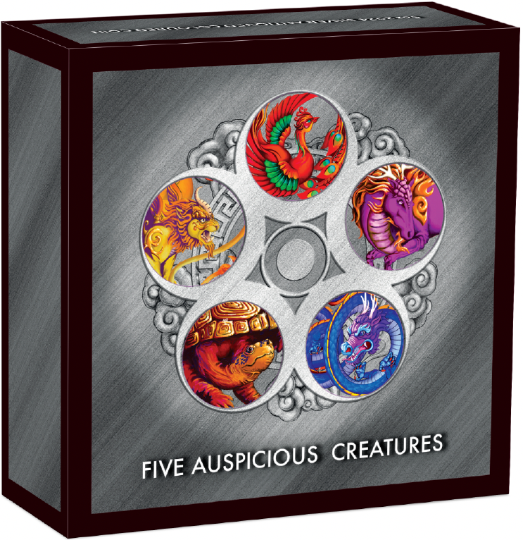 Tuvalu 2024 $5 Five Ancient Chinese Auspicious Creatures 5oz  .9999 Silver Antiqued Coloured Coin