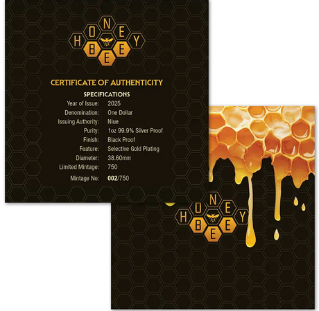 Niue 2025 $1 Honey Bee 1oz Silver Gilded Black Proof Coin Certificate of Authenticity