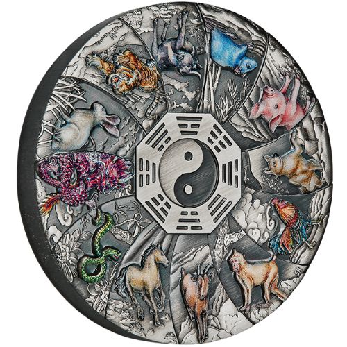 Tuvalu 2023 $5 12 Lunar Animals 5oz 99.99% Silver Antiqued Coloured Coin