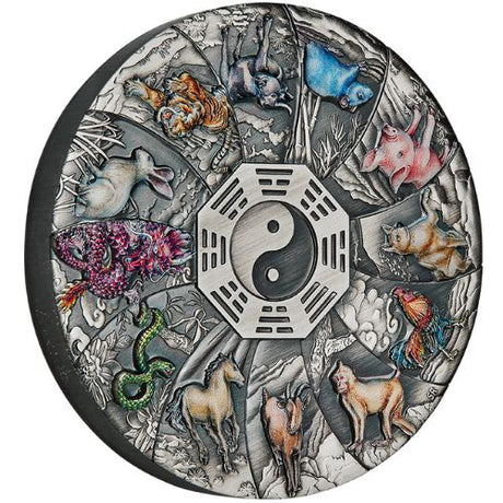 Tuvalu 2023 $5 12 Lunar Animals 5oz 99.99% Silver Antiqued Coloured Coin