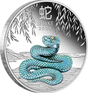 Perth Mint 2025 Blue Snake silver proof coin, showing a coiled blue-turquoise snake beneath leafy branches and the Chinese character for snake.