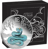 Perth Mint Blue Snake silver proof coin displayed beside its black Australian Lunar Series III box with illustrated snake artwork.