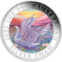 Silver coin featuring a swan design with colorful background and text