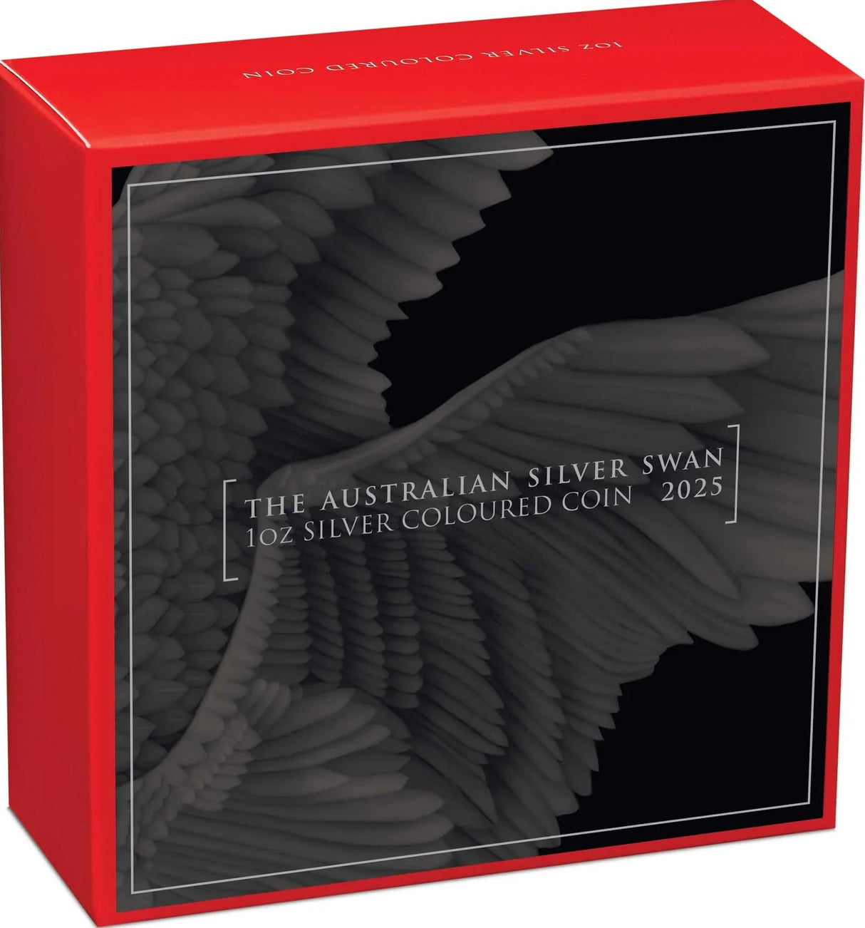 Red box with a silver swan design and text about an Australian silver coin.