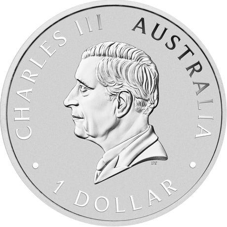 Silver coin with a profile of Charles III and text 'Charles III Australia 1 Dollar'.