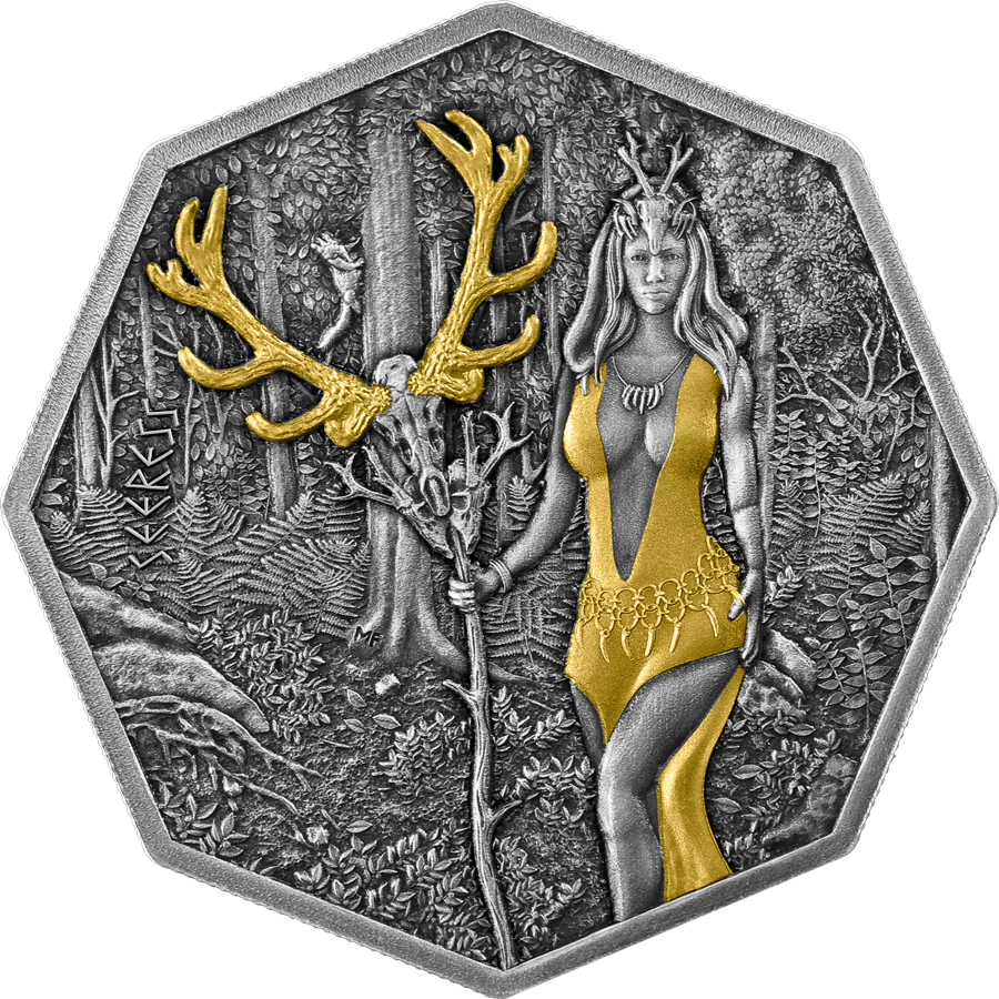 Germania 2023 5 Mark Witchcraft Seeress Ritual Silver 1oz  BU Octagonal Gilded Coin and UV Effect Reverse