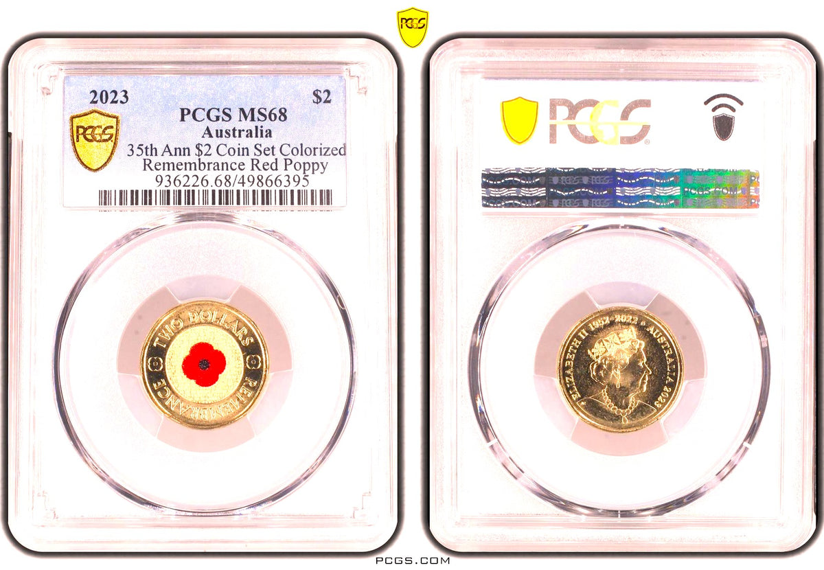 Australia 2023 $2 REMEMBRANCE 35th Anniversary Red Poppy Colorised PCGS MS68