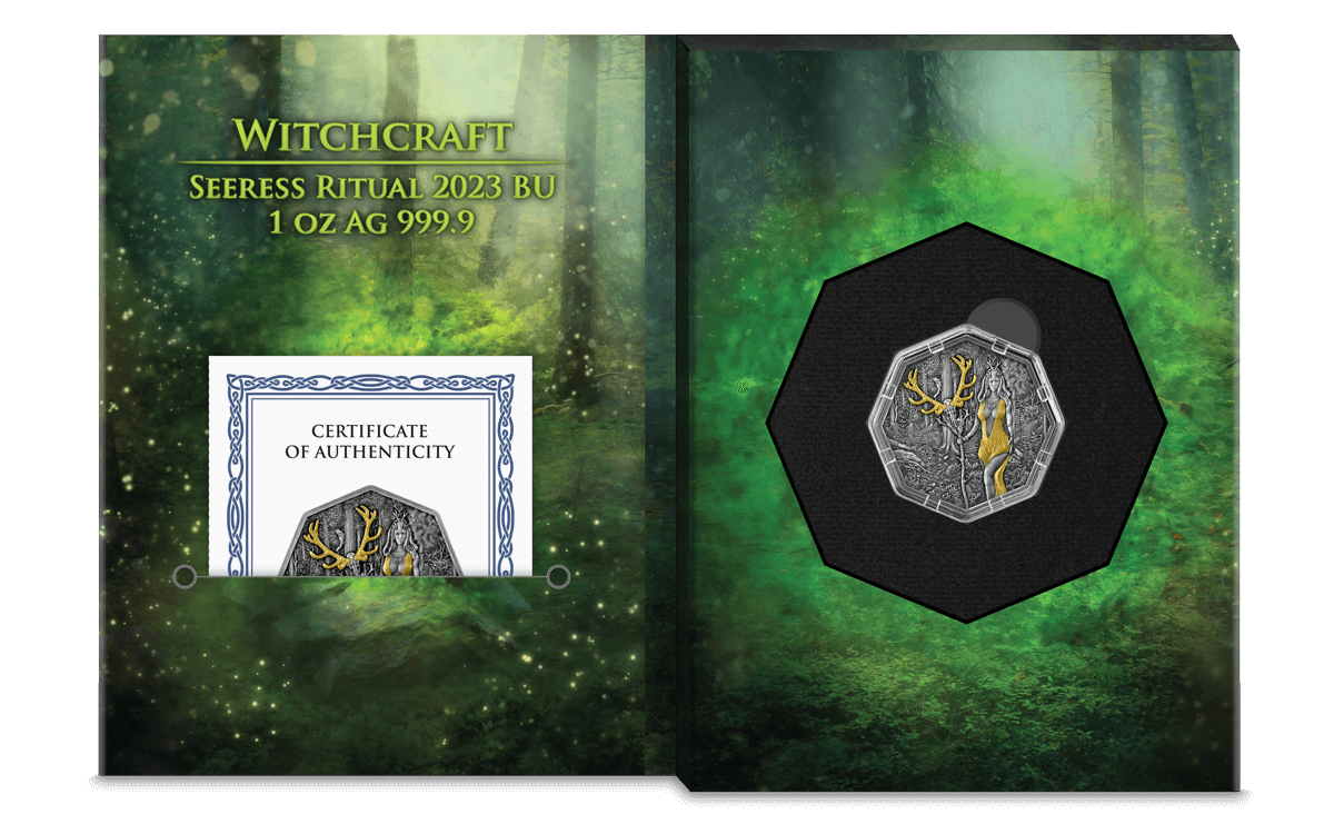 Germania 2023 5 Mark Witchcraft Seeress Ritual 1oz Silver BU Octagonal Gilded Coin and UV Effect Folder Inside