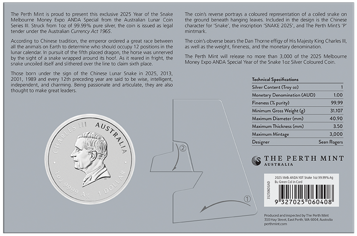 Australia 2025 $1 Year of the Snake 1oz .9999 Silver Coloured Coin in Card - Melbourne Money Expo ANDA Special