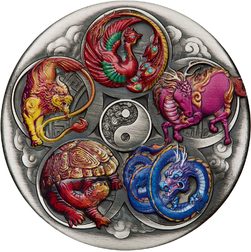 Tuvalu 2024 $5 Five Ancient Chinese Auspicious Creatures 5oz  .9999 Silver Antiqued Coloured Coin