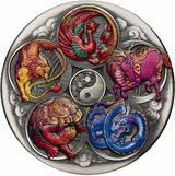 Tuvalu 2024 $5 Five Ancient Chinese Auspicious Creatures 5oz  .9999 Silver Antiqued Coloured Coin
