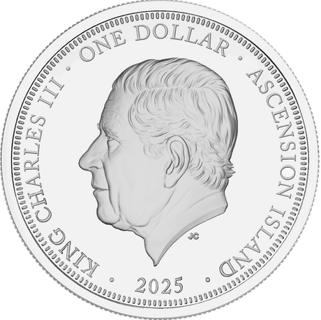 Silver coin with a profile of King Charles III and text 'King Charles III, One Dollar, Ascension Island, 2025'.
