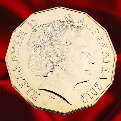 Obverse, bright view: Queen Elizabeth II portrait on the Australia 2012 twelve-sided 50-cent coin, with ELIZABETH II AUSTRALIA 2012 inscriptions.