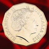 Obverse, bright view: Queen Elizabeth II portrait on the Australia 2012 twelve-sided 50-cent coin, with ELIZABETH II AUSTRALIA 2012 inscriptions.
