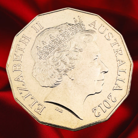 Obverse, bright view: Queen Elizabeth II portrait on the Australia 2012 twelve-sided 50-cent coin, with ELIZABETH II AUSTRALIA 2012 inscriptions.