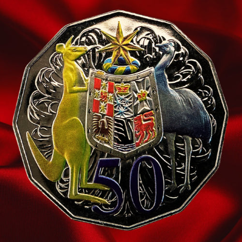 Reverse, dark reflection: Australia 2012 hyper-metallic 50-cent coin showing the coloured Coat of Arms against a dark reflective field.