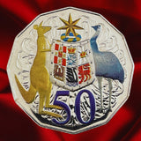 Reverse, repeated view: Australia 2012 hyper-metallic 50-cent coin showing a gold-coloured kangaroo, blue-grey emu and multicoloured shield.