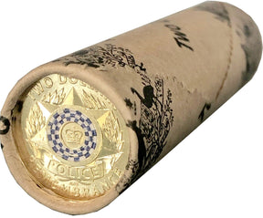 Roll view: 2019 Australian $2 Police Remembrance coin roll in printed paper wrapping, showing the blue-and-white police design on the end coin.