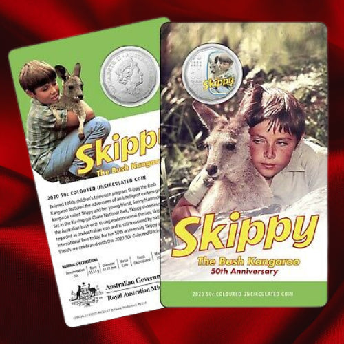 Presentation card, front and back: Australia 2020 Skippy 50th Anniversary coloured 50-cent coin in its green Royal Australian Mint card, showing Skippy and Sonny.