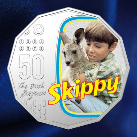 Reverse close-up: Australia 2020 Skippy coloured 50-cent coin showing Sonny Hammond holding Skippy within a television-shaped frame and the yellow Skippy logo.